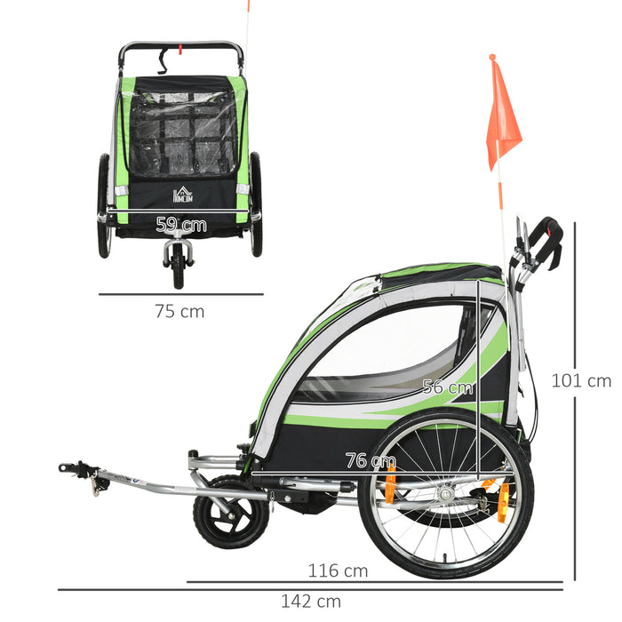 2-in-1 Child Bike Trailer and Baby Stroller - Double Seater Transport Carrier with Safety Harness, Brake System and Hitch Coupler - Ideal for Active Parents, Reflective Outdoor Gear, Storage Included