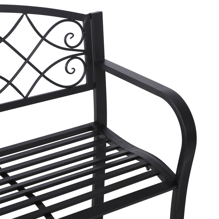 Outdoor Patio Loveseat Bench - 2-Seater Metal Garden Furniture, Black Porch Park Chair - Ideal for Yard and Outdoor Seating 129L x 91H x 50W cm