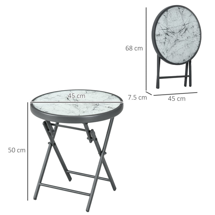 45cm Round Outdoor Side Table - Folding Patio Table with Imitation Marble Glass Top, Compact White Coffee Table - Ideal for Small Spaces & Garden Decor