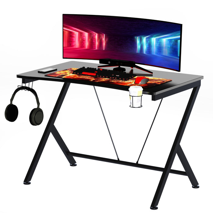 Gaming Desk with Sturdy Metal Frame - Ergonomic Computer Table with Cup Holder, Headphone Hook & Cable Management - Ideal for Gamers and Home Office Use