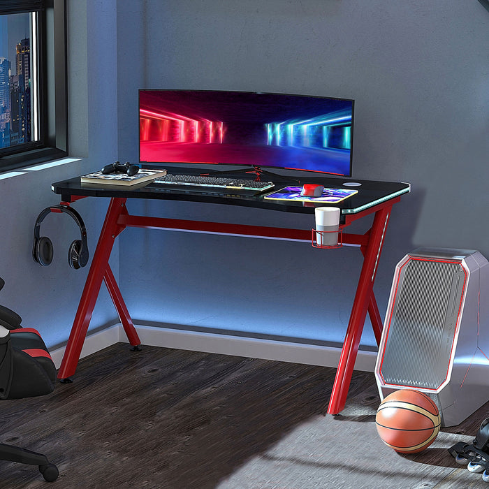 Gaming Desk with LED Lighting - Sturdy Metal Frame Computer Table with Cup Holder, Headphone Hook & Cable Management - Ideal for Gamers & Home Office Use