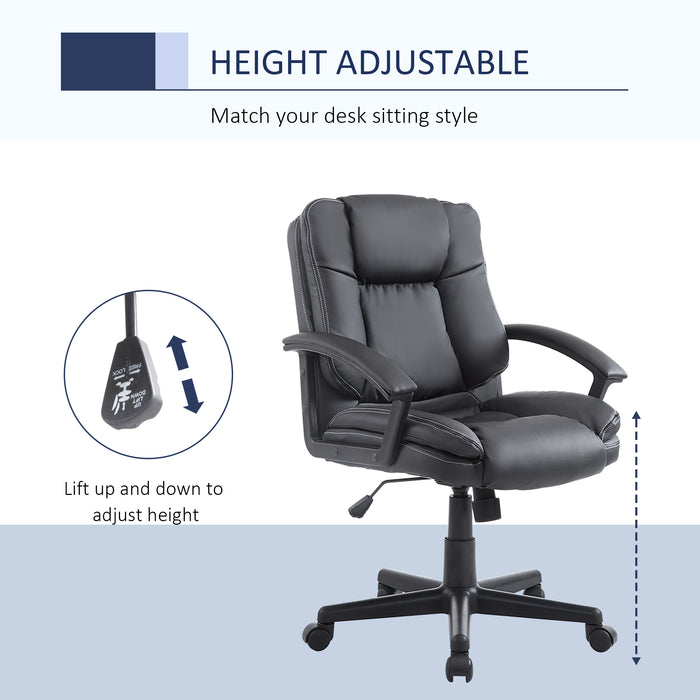 Ergonomic Swivel Mid-Back Chair - Faux Leather Executive Computer Desk Chair with Double Padding and Armrests - Ideal for Home Office Comfort and Mobility