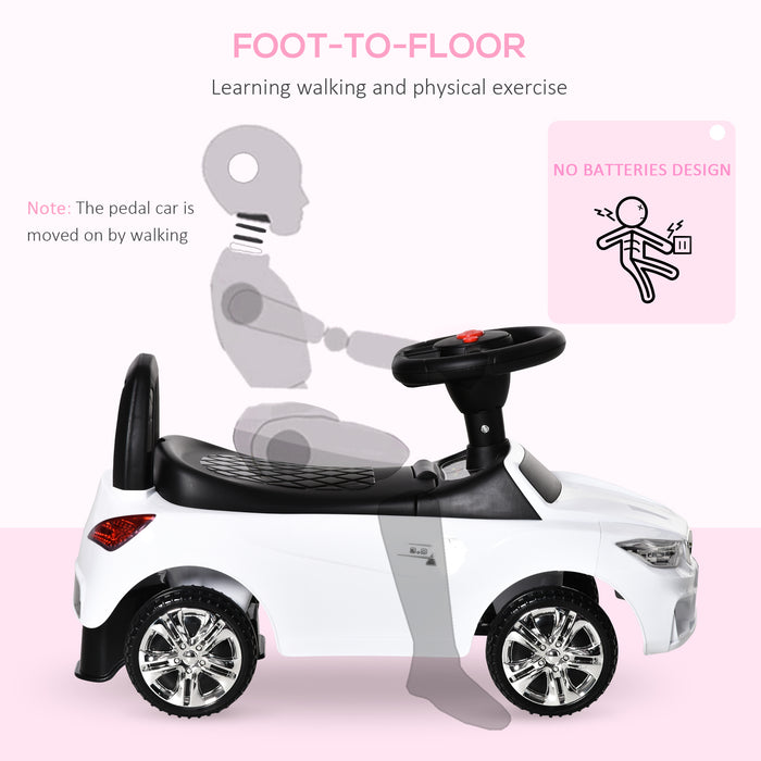 Toddler Walker Ride-On Slider Car with Horn & Music - Foot-to-Floor Stroller with Working Lights, Large Steering Wheel, Hidden Storage - Fun and Developmental Play for Babies and Young Children White