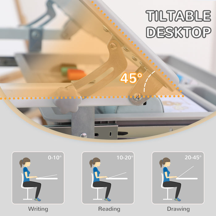 Adjustable Kids Desk & Chair Set - Ergonomic Student Writing and Study Table with Tilting Desktop, Grey - Ideal for Homework and Art Projects