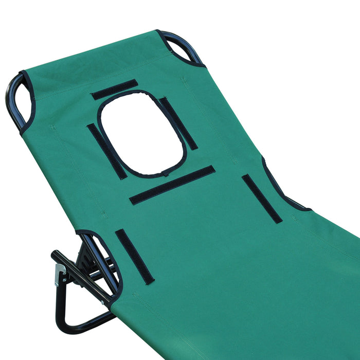 Foldable Sun Lounger with Adjustable Backrest - Comfortable Reclining Chair with Pillow & Reading Hole for Outdoors - Ideal for Garden, Beach Relaxation in Dark Green