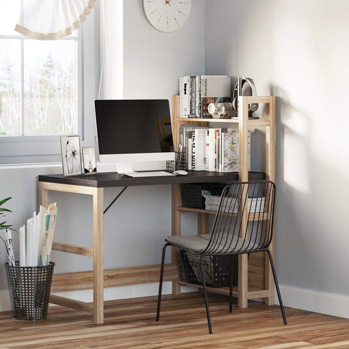 L-Shaped Corner Desk with Shelves - Ergonomic Writing and Laptop Table, Black Wood Grain Finish - Ideal for Home Office and Workstation Setup