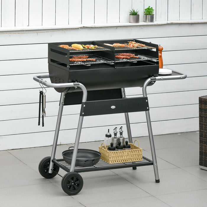 Charcoal BBQ Trolley with Double Grill and Height Adjustment - Outdoor Cooking Station with Side Table and Storage Shelf - Portable Garden Grill for Backyard Barbecues and Gatherings