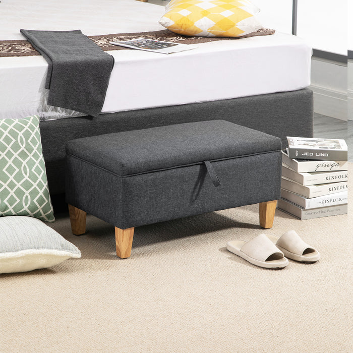 Linen Upholstered Ottoman Bench - Padded Footstool with Durable Rubberwood Legs, Dark Grey - Versatile Bedroom or Entryway Seating Solution