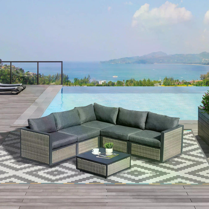 5-Seater PE Rattan Outdoor Lounge Set - Includes Coffee Table and Grey Padded Cushions - Ideal for Patio & Garden Entertaining