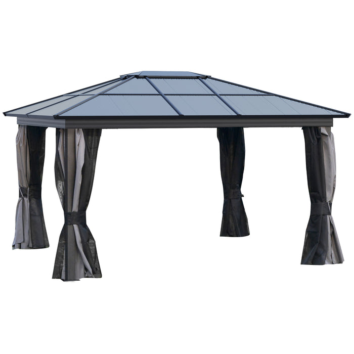 Outdoor Patio Shelter - 4 x 3.6m Hardtop Gazebo, UV-Resistant Polycarbonate Roof, Aluminium Frame, Mosquito Netting, Curtains - Ideal for Garden Entertainment and Relaxation