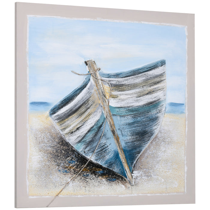 Blue Boat in the Beach Hand-Painted Canvas - Coastal Wall Art for Living Room & Bedroom - 90x90 cm Ocean Scene Decor for Home Interiors