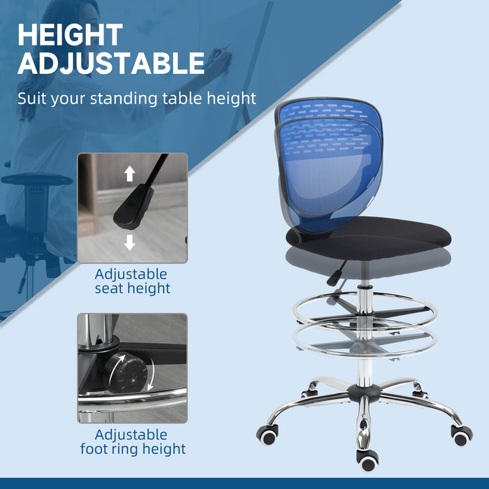 Ergonomic Drafting Chair - Swivel Mesh Draughtsman Stool with Lumbar Support and Adjustable Foot Ring - Armless Design for Standing Desks, Dark Blue