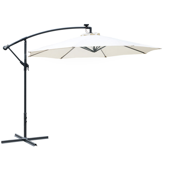 3M LED Cantilever Banana Parasol - Solar Powered Hanging Umbrella with Crank Handle, Off-White Canopy - Ideal for Outdoor Relaxation and Patio Sun Protection