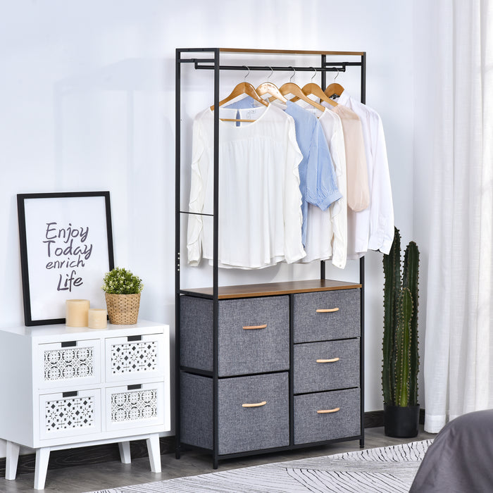 Steel Frame Chest of Drawers with Coat Rack - 5 Spacious Drawers, Sleek Black and Brown Finish, Bedroom and Hallway Organizer - Space-Saving Home Furniture Solution
