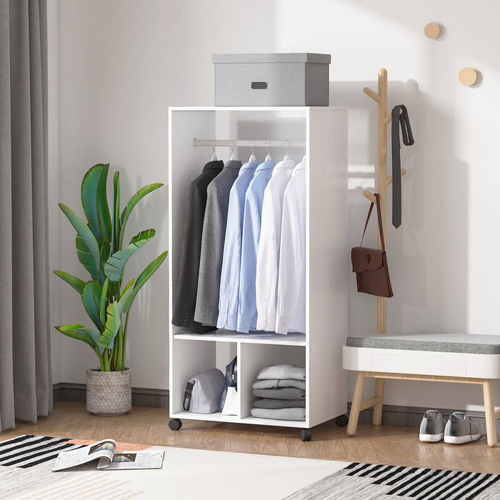 Mobile Garment Rack with Hanging Rod and Shelves - Versatile Open Wardrobe on Wheels for Storage - Ideal for Bedroom and Cloakroom Organization, White