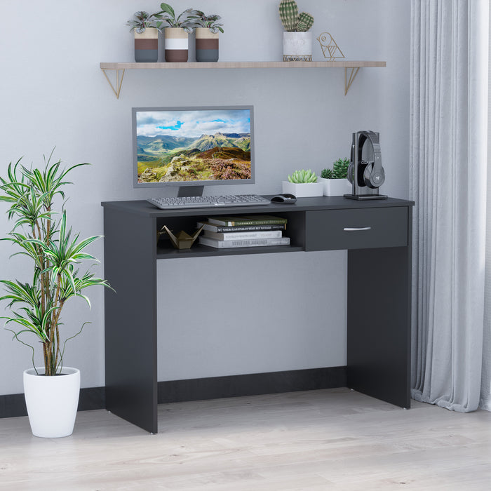 Modern Computer Work Desk with Shelf and Drawer - Ergonomic Standing Writing Station, Stylish Storage Solution - Ideal for Study or Display in Compact Spaces, Black