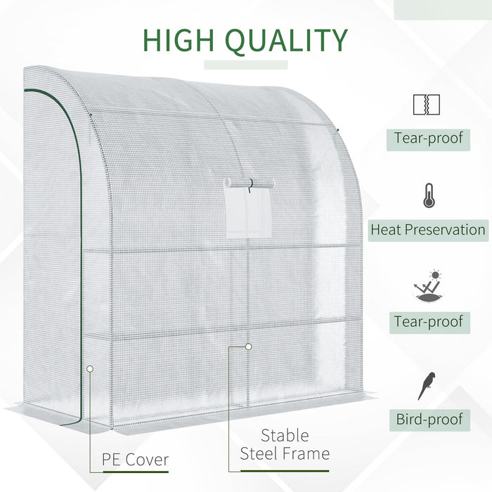 Walk-In Lean-to Polytunnel Greenhouse - 2-Tier Shelving, Windows, Doors, 200x100x215cm, White - Perfect for Plant Growth and Garden Space Maximization