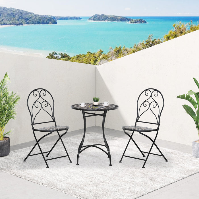 3 Piece Mosaic Bistro Set - Garden Outdoor Furniture with Tile Top Coffee Table & Folding Chairs - Perfect for Patio and Balcony Entertaining