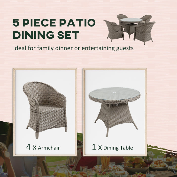 Outdoor PE Rattan 5-Piece Dining Set - 4 Comfortable Chairs & Round Table with Umbrella Hole, Mixed Grey - Ideal for Garden Patio Seating