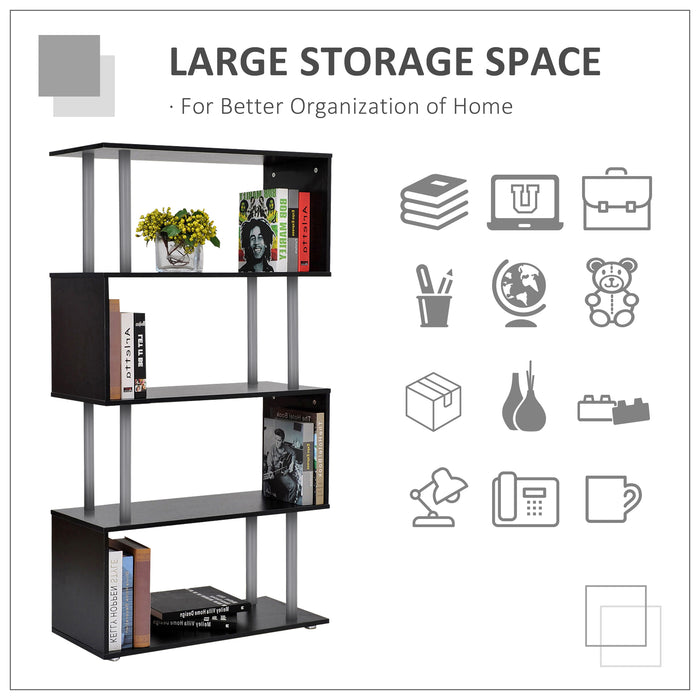 S-Shape Wooden Bookshelf - Versatile Storage and Display Unit in Black - Ideal for Book Lovers and Space Saving