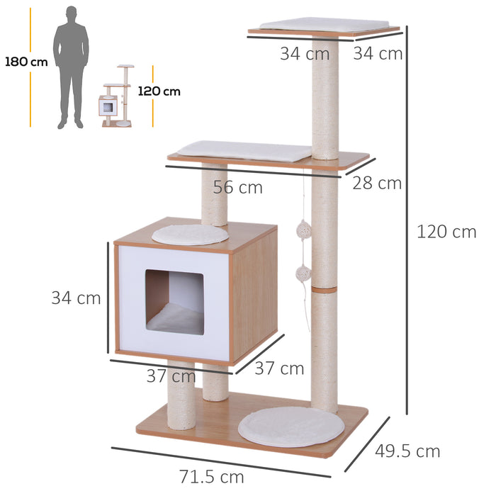 Wooden Cat Tree with Scratching Post - Indoor Kitten Activity Center, Condo House, Cushion & Hanging Toy - Multi-Level Play & Rest Area for Cats