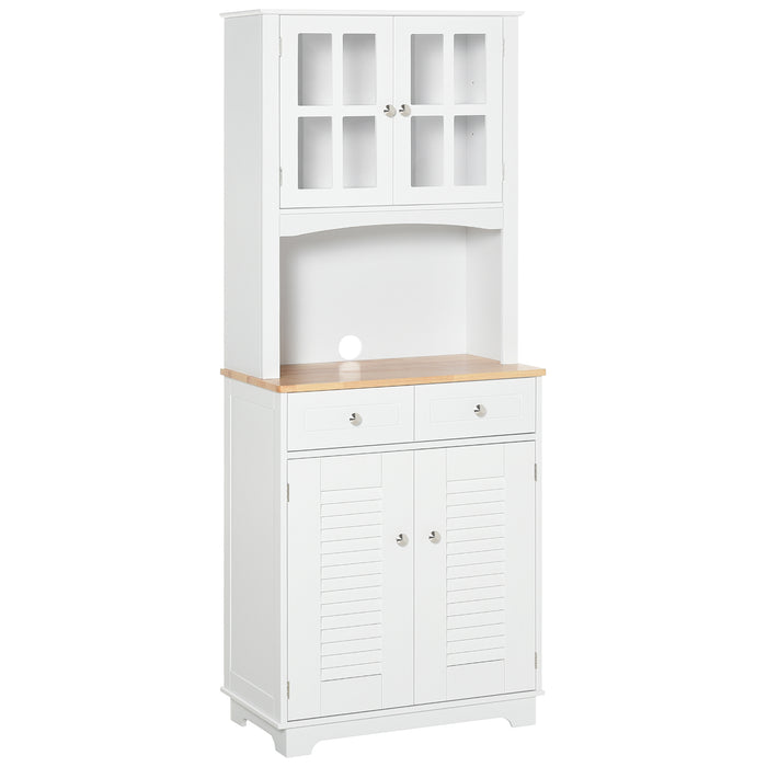 Modern Louvered Cupboard - Framed Glass Door Kitchen Storage with Dual Drawers - Sleek White Organizer for Contemporary Home