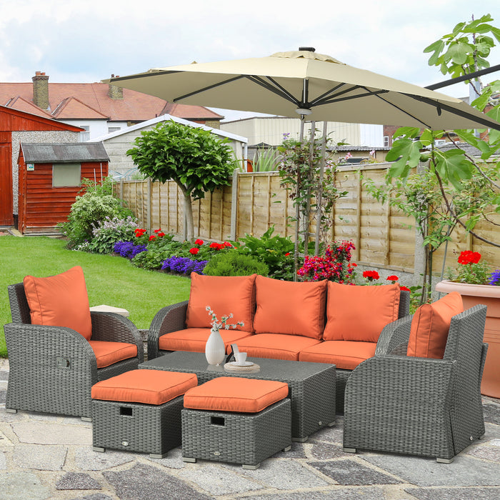 6-Piece Rattan Wicker Patio Ensemble - 3-Seat Sofa, Single Chairs, Footstools & Coffee Table Combo - Perfect for Garden, Deck, and Poolside Lounging