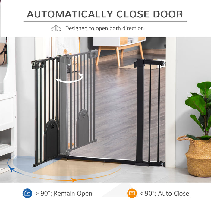 Extra Wide 75-103 cm Pet Safety Gate with Small Door - Pressure Fit Stair Barrier, Auto Close, Double Locking, Ideal for Doorways and Hallways - Child & Pet Proofing in a Sleek Black Design