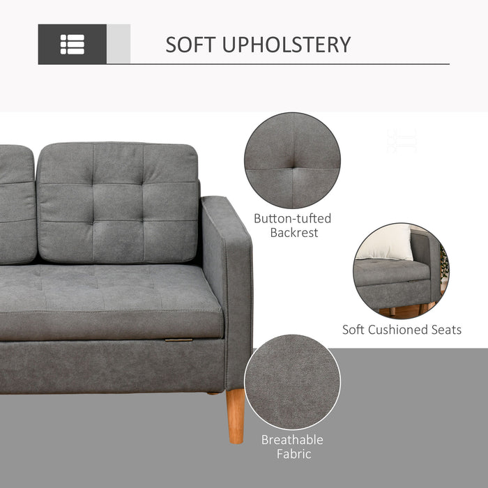 3-Seater Button-Tufted Sofa with Storage - Contemporary Fabric Couch with Rubberwood Legs, Grey - Space-Saving Furniture for Living Rooms