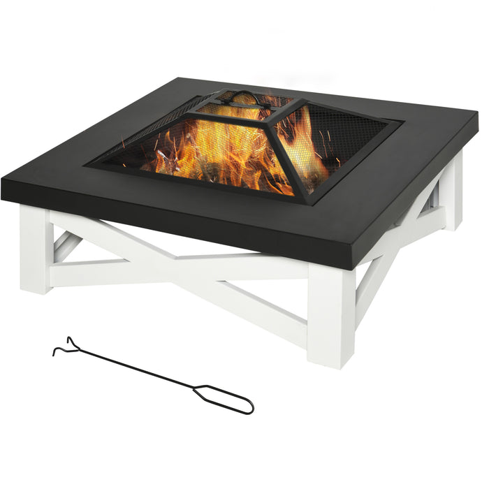 Metal Large 3-in-1 Square Fire Pit - Outdoor Brazier with BBQ Grill, Lid, Log Grate & Poker - Perfect for Backyard Bonfires, 86 x 86 x 38cm, Black