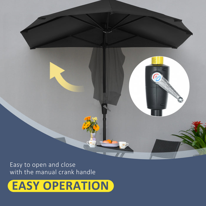 Half Parasol Market Umbrella - 2-Meter Double-Sided Canopy with Crank Handle and Base for Garden Balcony - Black Shade Solution for Limited Space Environments