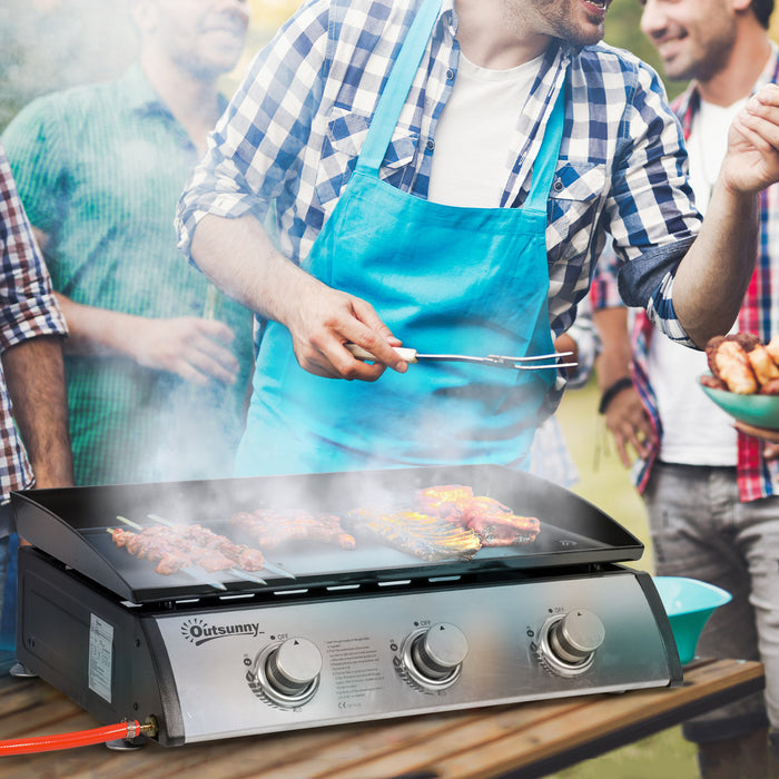 3-Burner Portable Gas Plancha Grill - 9kW Stainless Steel, Non-Stick Griddle for Outdoor Cooking - Ideal for Camping, Picnics, and Garden Parties