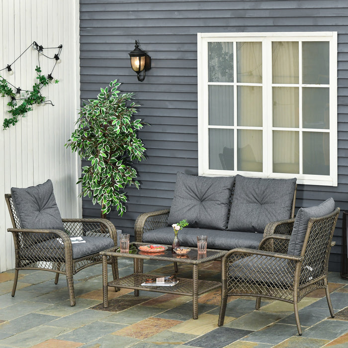 4-Seater Outdoor Rattan Sofa Set - Weather-Resistant PE Wicker Patio Conversation Furniture with Dual-Tier Tea Table & Cushions - Ideal for Backyard & Garden Comfort