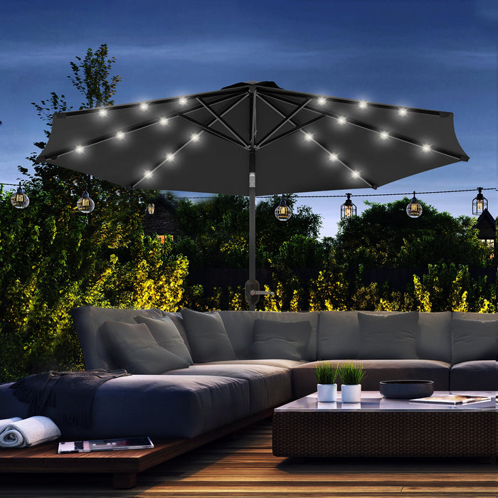 Outdoor Patio Umbrella - 2.7m Garden Parasol with Tilt and Crank Function, 24 LED Lights, in Black - Ideal for Nighttime Ambience & Sun Protection