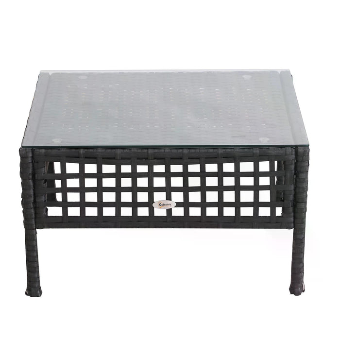 Rattan Coffee End Table with Glass Top - 60x60x33cm Black Finish - Elegant Furniture for Living Room or Patio