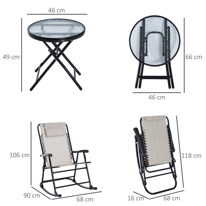 Outdoor 3-Piece Rocking Bistro Set - 2 Beige Folding Chairs & Tempered Glass Table for Patio Deck - Ideal for Garden Relaxation and Entertaining