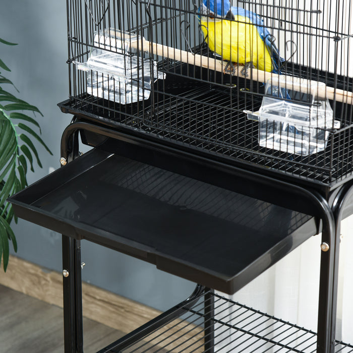 Bird Cage with Stand - Wheeled Finch, Canary, and Parakeet Habitat with Slide-Out Tray - Includes Storage Shelf, Ideal for Bird Lovers and Pet Safety