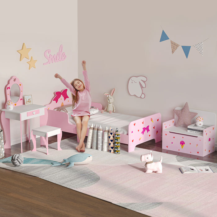 Princess-Themed 4-Piece Bedroom Set - Includes Bed, Toy Box Bench, Dressing Table & Stool - Perfect for Ages 3-6, Adorable Pink Design