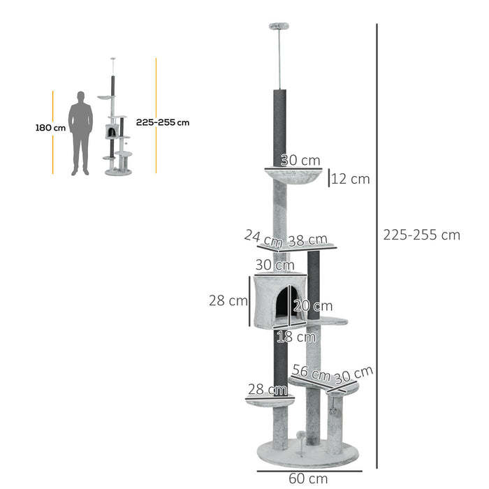 Height-Adjustable Cat Tower - 255cm Floor-Ceiling Tree, Scratching Posts, Hammock, Cozy House, Sturdy with Anti-tip Kit, Perches & Toys - Ideal for Climbing & Lounging Felines