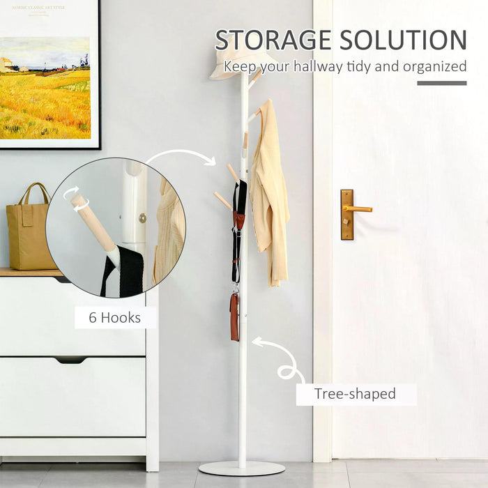 Free Standing 174cm Coat Rack Stand with 6 Hooks - Clothes, Hat Display and Hanging Organizer in White - Ideal for Hallway, Entryway Storage