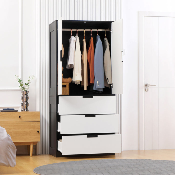 Modern 2-Door Wardrobe with 3 Drawers and Hanging Rod - Sleek White Bedroom Clothing Storage Solution - Ideal for Organizing Garments and Accessories