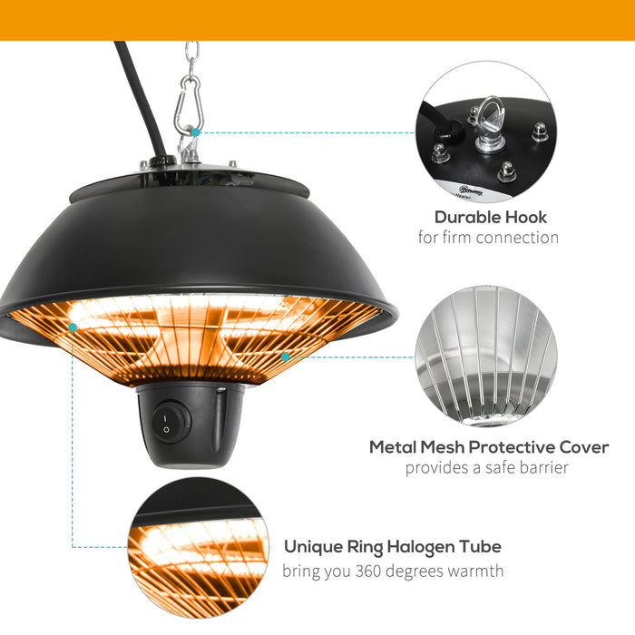 600W Electric Ceiling Heater - Halogen Light with Adjustable Hook & Chain, Durable Black Aluminum Frame - Ideal for Indoor Heating and Ambient Lighting