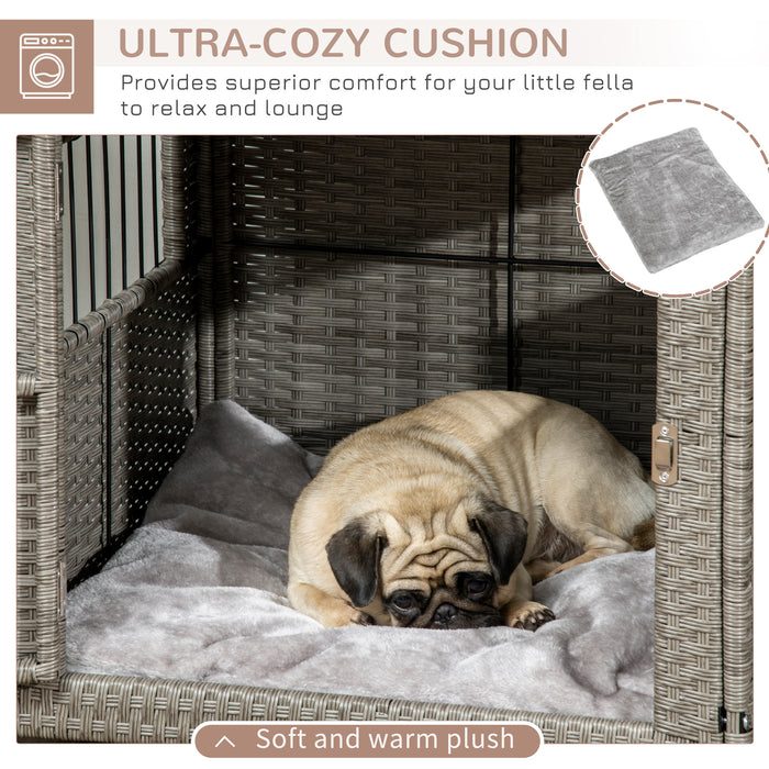 Wicker Dog Cage with Lockable Door - Comfy Small Dog Crate with Soft Washable Cushion, 62x59x66cm - Ideal for Secure & Comfortable Pet Housing, Grey