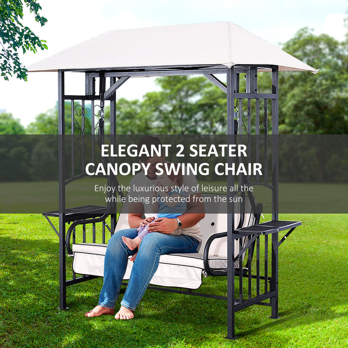 Outdoor Garden Canopy Swing Chair - 2-Seater Porch Loveseat with Cushioned Seat and Side Drink Panel - Ideal for Patio Relaxation and Entertaining Guests