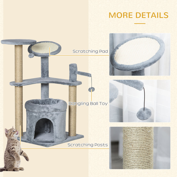 Cat Tree Tower with Condo Bed - Kitten Activity Center with Scratching Post, Perch & Ball Toy in Grey - Ideal for Playful Cats and Scratching Enrichment