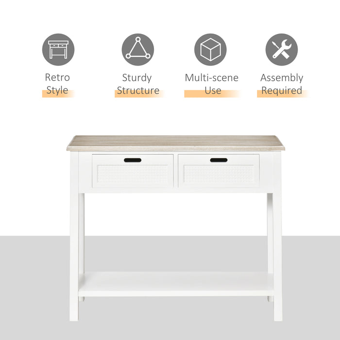 Vintage-Style Console Table with 2 Drawers & Lower Shelf - Distressed Finish Hallway & Living Room Storage Furniture - Elegant Sofa Table for Home Organization, White