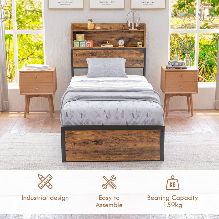 Industrial-Style Single Bed Frame - 3.1FT Steel Base with Storage Headboard and Footboard, Ample Under Bed Space - Ideal for Space-Saving & Rustic Brown Bedroom Decor