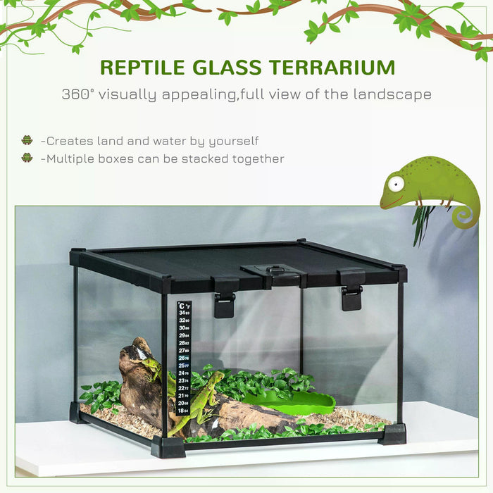 Reptile Glass Terrarium 30x30x20cm - Climbing Pet Breeding Tank with Arboreal Box Design - Includes Strip Patch Thermometer for Heat Monitoring