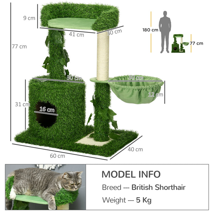 Multi-Tier Cat Climbing Tower with Lush Green Leaves - Indoor Cat Tree with Sisal Scratching Posts, Perch Hammock, and Cozy Condo - Ideal for Playful Cats and Kittens to Climb, Scratch & Relax