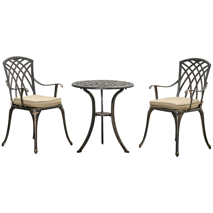 Cast Aluminium Bistro Set - 3-Piece Garden Furniture with Parasol Hole and Cushions - Perfect for Couples Outdoor Dining Experience in Bronze